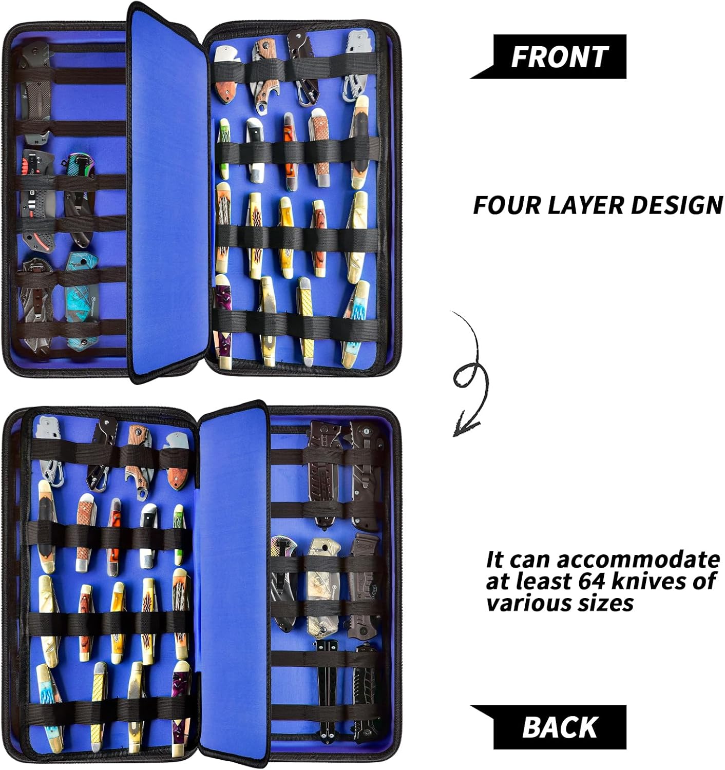 GWCASE Display Case for 66+ Pocket Knives. Folding Holder, Butterfly Storage Organizer, Roll Collection Pouch Carrier Bag for Survival Tactical Outdoor for EDC Mini Knife -Blue