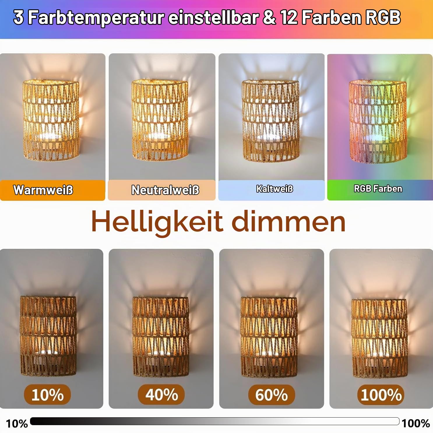 2 Stück Boho Rattan Wandlampe Innen Akku Wandleuchte Ohne Stromanschluss RGB Dimmbare Wandleuchten mit Fernbedienung Retro Nachttischlampe für Schlafzimmer Wohnzimmer Flur