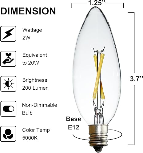 Miniatura 2 de 6 piezas de bombilla LED C32, 2W equivale a 20W, bombilla Edison de base E12, luz blanca, bombilla de vela de vidrio transparente LED para lámpara