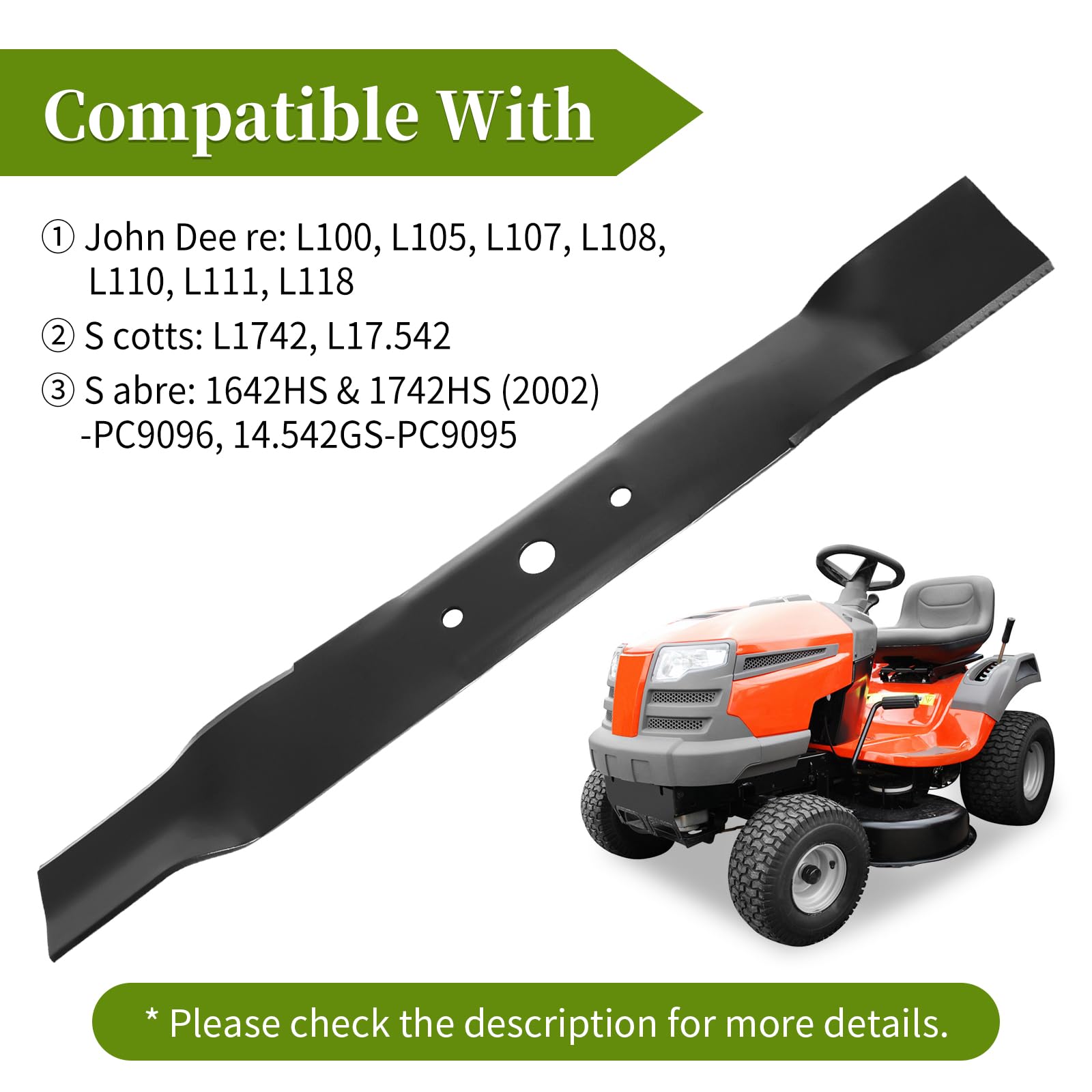 GX20249 - Cuchilla de cortacésped compatible con John Dee re 42 pulgadas, GX20433 cuchillas de alta elevación para John Dee re L105 L110 L118 L100 L111 Scotts L1742, repuesto para GY20567,
