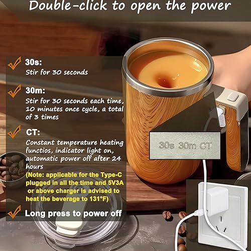 Miniatura 4 de Gmaxty Taza autoagitable, taza de café autoagitable, taza de café 2 en 1 de grano de madera y taza de café autocalentable adecuada para