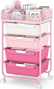 SYKIARIOL Rolling Cart with 4 Drawers,Rolling Craft Cart,Rolling Storage Cart with Drawers,Storage Cart with Drawers,Utility Cart with Drawers,Pink Rolling cart & 4 Dividers & 4 PCS DIY Lable