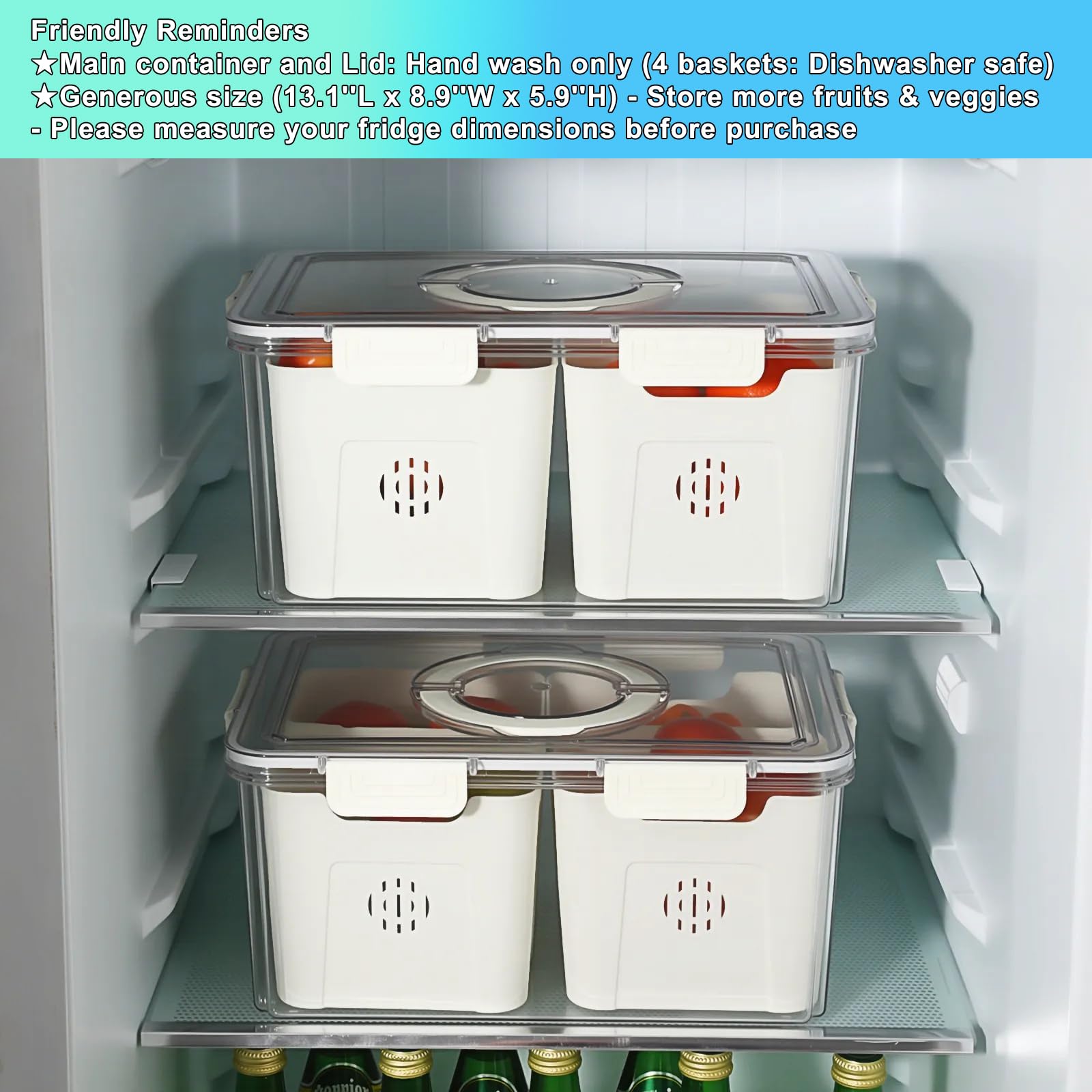 Taiuloo Contenitori ermetici per frutta con coperchio e manico, contenitore per snack senza BPA, con 4 colini rimovibili, per conservare frutti di bosco e verdure fresche, contenitori trasparenti per