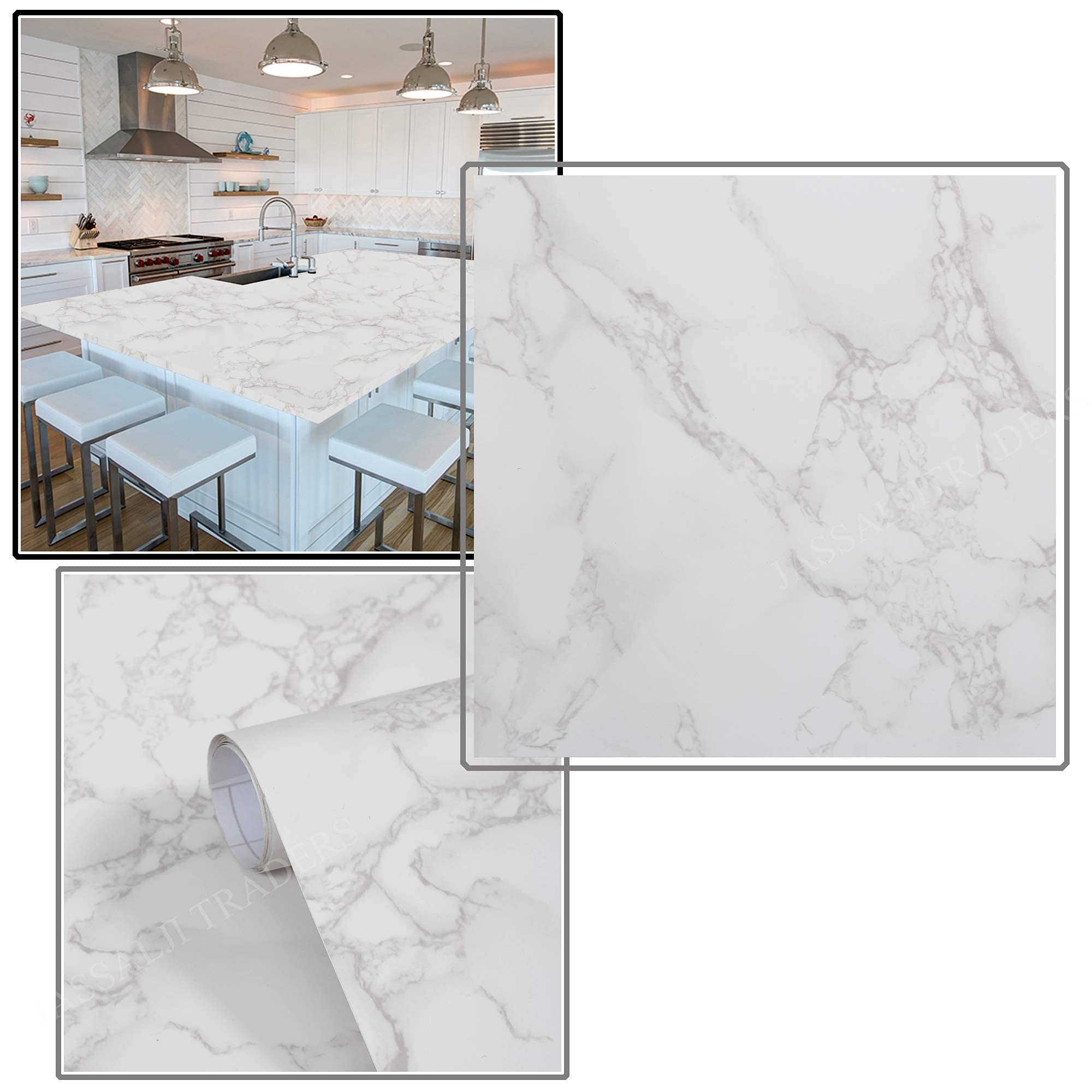Fusion Graphix White Granite Look Marble Gloss Film Vinyl Self Adhesive Counter Top Peel and Stick Door Wardrobe Wall Papers Wall Decal M-1 (24x200) 2