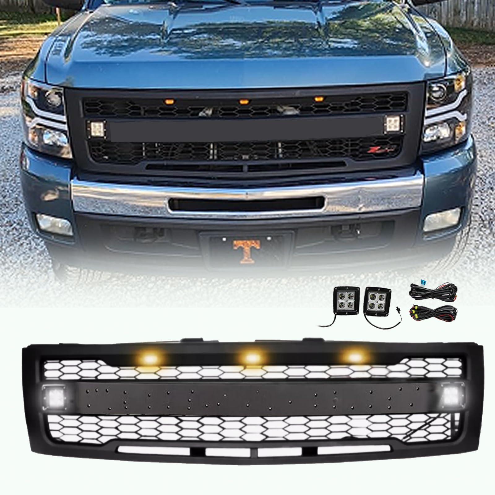 Front Grille Compatible with 2007 2008 2009 2010 2011 2012 2013 Chevy Silverado 1500, Replacement Grill Mesh Style with 3 LED Lights and 2 Side Lights (Matte Black with Letters)