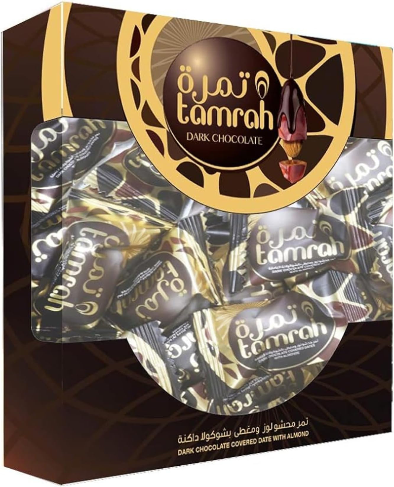 – Dark Chocolate Dates & Almonds, Delights Sweet, Premium Crunchy, Chocolate with Pure Dark Chocolate, in a Convenient 400 grams Window Box.