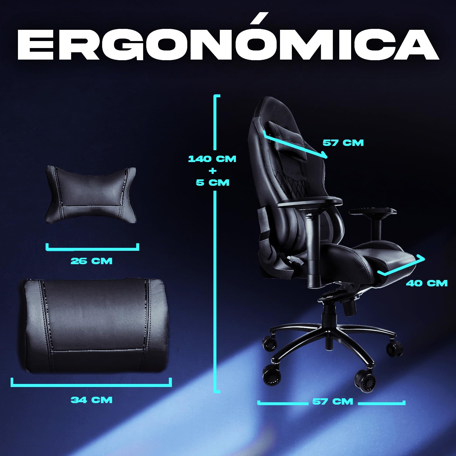 KLIM Esports Silla Gaming Ergonómica + con Soporte Lumbar y Cervical + Reclinable + Silla de Escritorio Ajustable + Piel Sintética y Materiales Premium + Silla Gamer Negra [Nueva VERSIÓN]