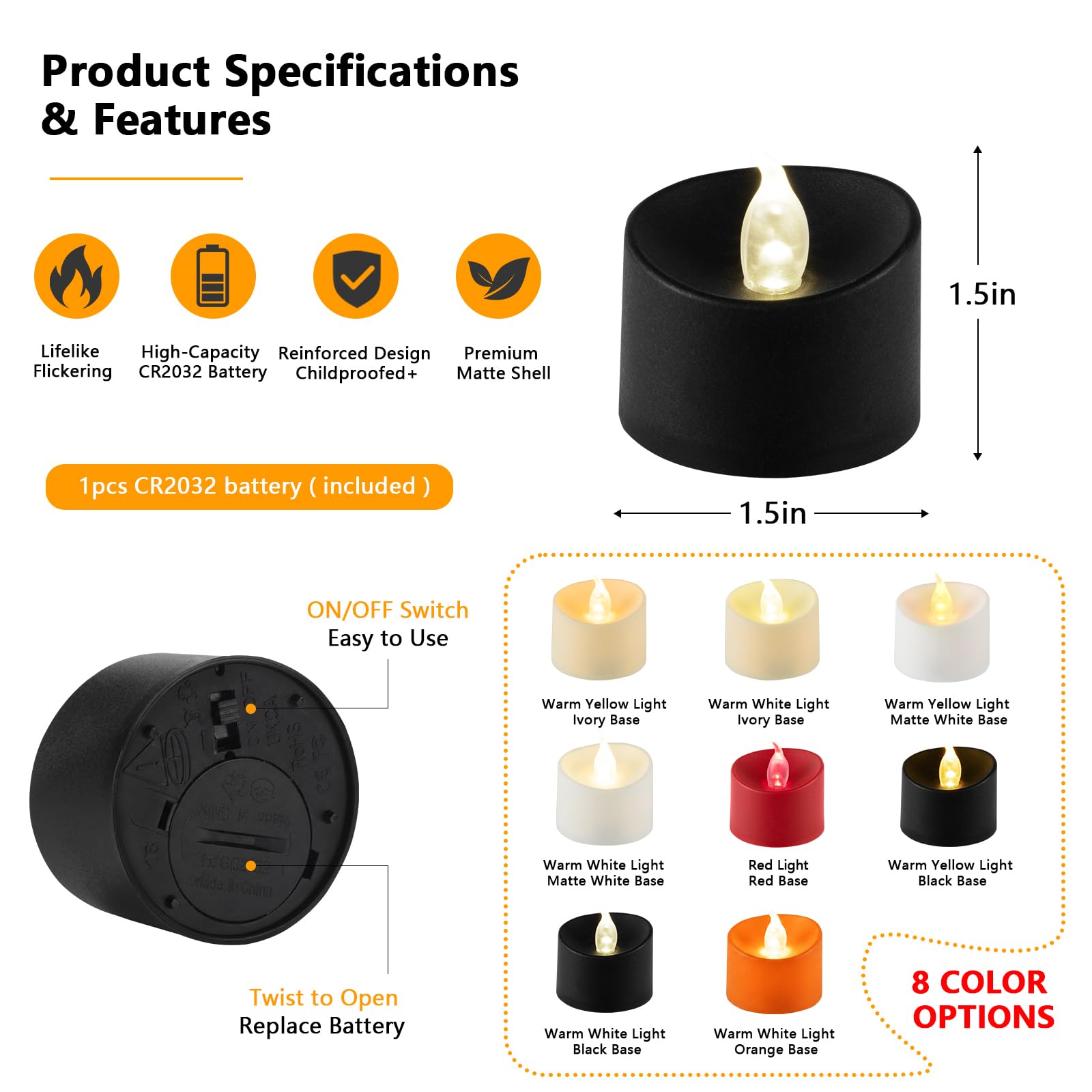 Lumini senza fiamma tremolanti, alimentati a batteria, finti lumini elettrici a LED per candele votive, centrotavola, decorazioni da tavolo, matrimoni, anniversari, Natale (nero, luce bianca