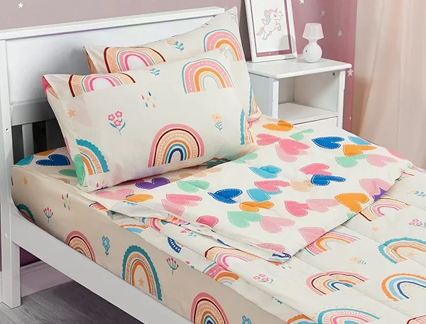Meeting Story 3pcs Kids Comforter Sets Zipper Bedding Set for Girls,Twin Kid Bedding Set Rainbow Comforter Flower Bedding for Kid,All in one Zipper Bedding（Beige,Twin）