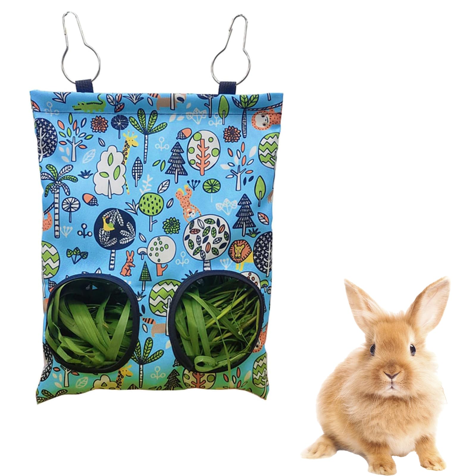 Bolsa de Heno para Conejos y Cobayas con 2 Agujeros, Comedero de Tela Lavable para Mascotas Pequeñas, Dispensador de Heno Colgante para Chinchillas y Hámsteres, Diseño Bosque Azul
