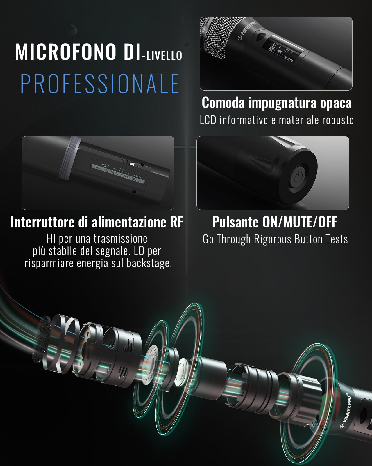 Phenyx Pro Sistema Microfono Wireless UHF a 2 canali PTU-2U-1H1B | True Diversity, scan auto, 2 × 1000 canali, 328 ft, sync IR, 1 mic palmare, 1 bodypack, mic headset/lavalier
