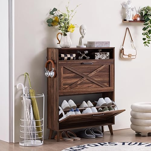 Miniatura 9 de Armario de almacenamiento de zapatos con 2 cajones abatibles, organizador de zapatos de granja para entrada, zapatero estrecho oculto con patas y