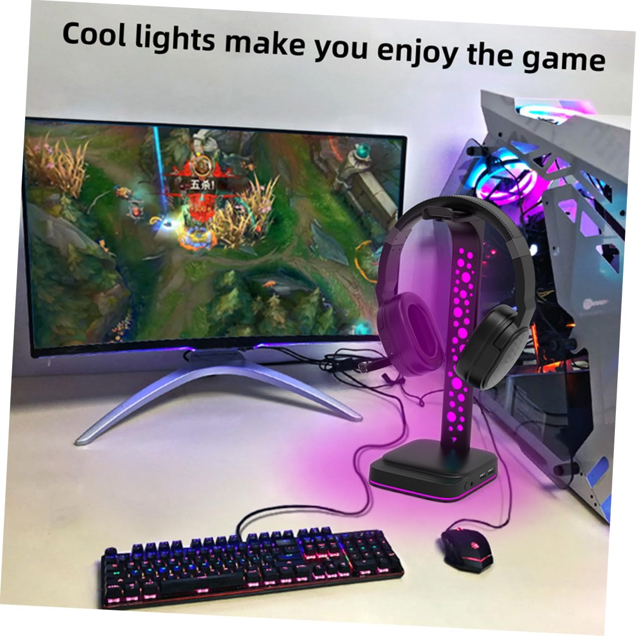 Tofficu Soporte para Auriculares Gaming Diseño Multipropósito y RGB LED para Escritorio, Material Abs Negro Doble USB para PC de Juego