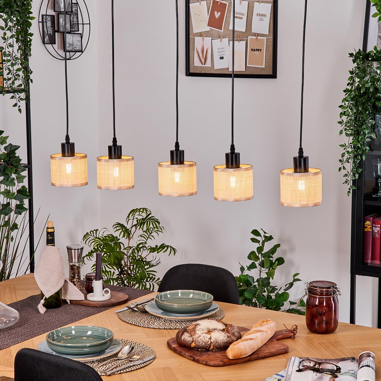 HOFSTEIN Lampa wisząca Sabadim, 5-punktowa lampa wisząca z metalu/drewna/plecionki papierowej w kolorze czarnym/naturalnym/brązowym, lampa wisząca w stylu boho (Ø abażurów 12 cm), wysokość 235 cm, E27