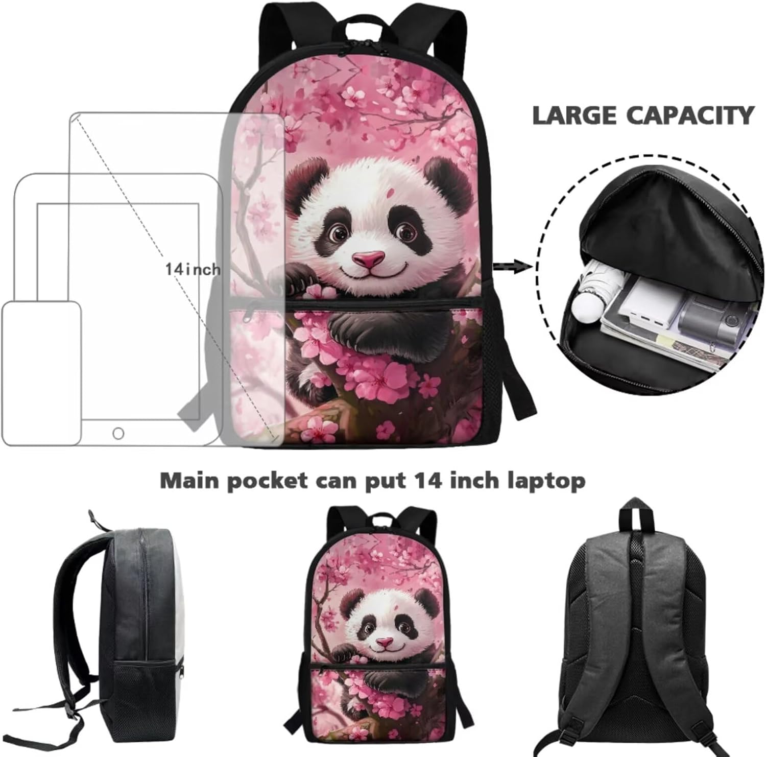 Cute Panda Backpack for Girls School Bag with Lunch Bag Pencil Case Water Bottle Holder Cherry Blossom Bookbag Casual Daypack Travel Bag Satchel Bagpack