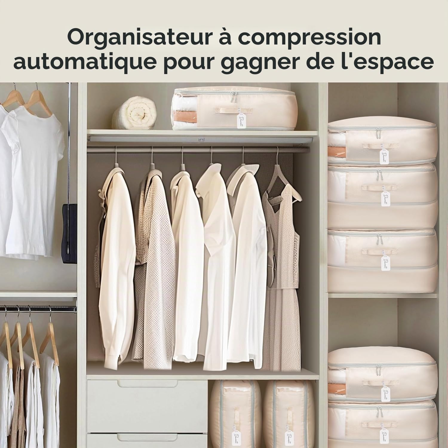 DIMJ Sac de Compression - Housse de Rangement Vetement Couette Lot de 4, avec Poignées Renforcées, Organisateur D'auto-Compression pour Couettes, Vêtements, Oreillers, Linge de Lit, Beige