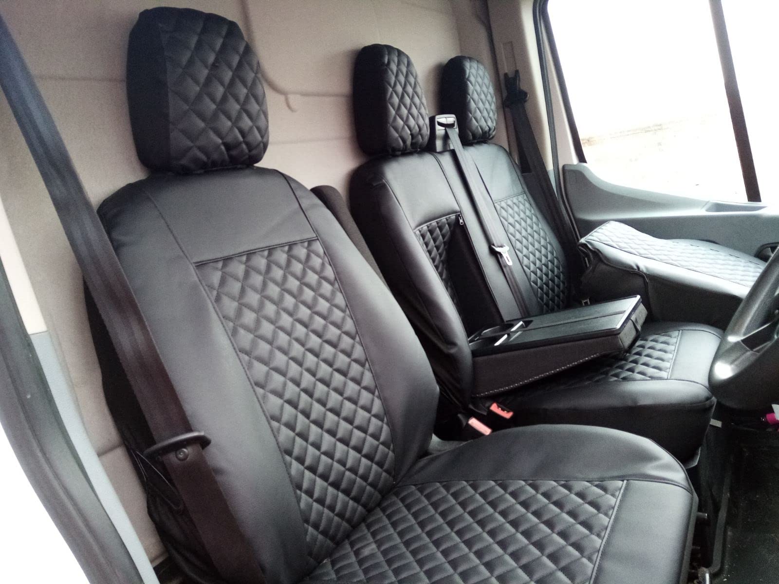 Texmar FRONT Seat Covers 2+1 Designed to fit FORD TRANSIT CUSTOM after 2015 SMALL cabin BLACK Kapitone Eco Leather RHD