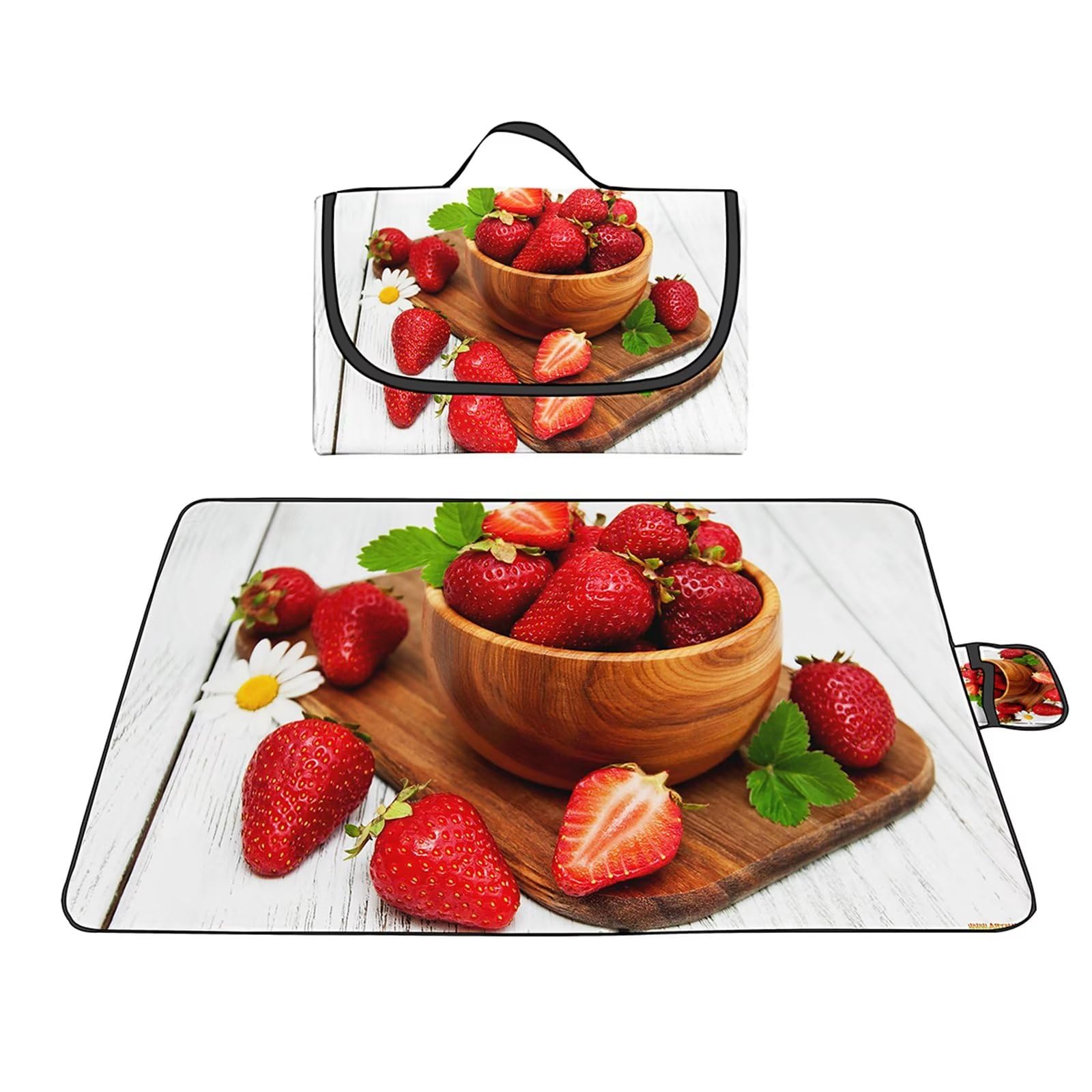 Couverture Pique-nique Imperméable 200x200cm,Couverture Plage Extérieure XXL Tapis de Plage,Gâteau aux fraises Camping Couverture étanche Pique-nique avec Poignée pour Camping Randonnée Parc Plage