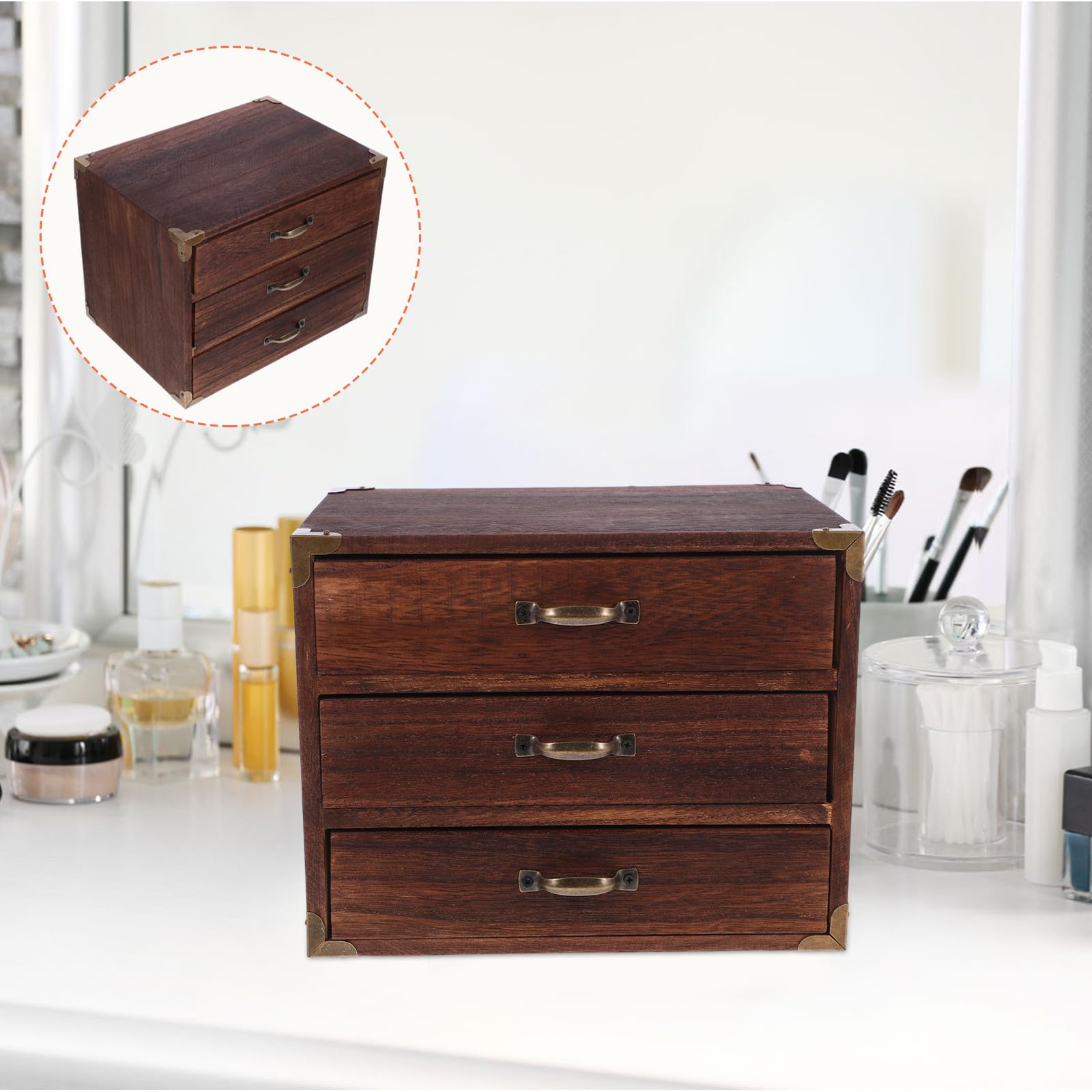 Holz Schreibtisch Organizer mit Schubladen Vintage Kaffee | Zwei oder Drei Auszüge, Praktische Aufbewahrungsbox für Home Office und Wohnung, Viel Platz