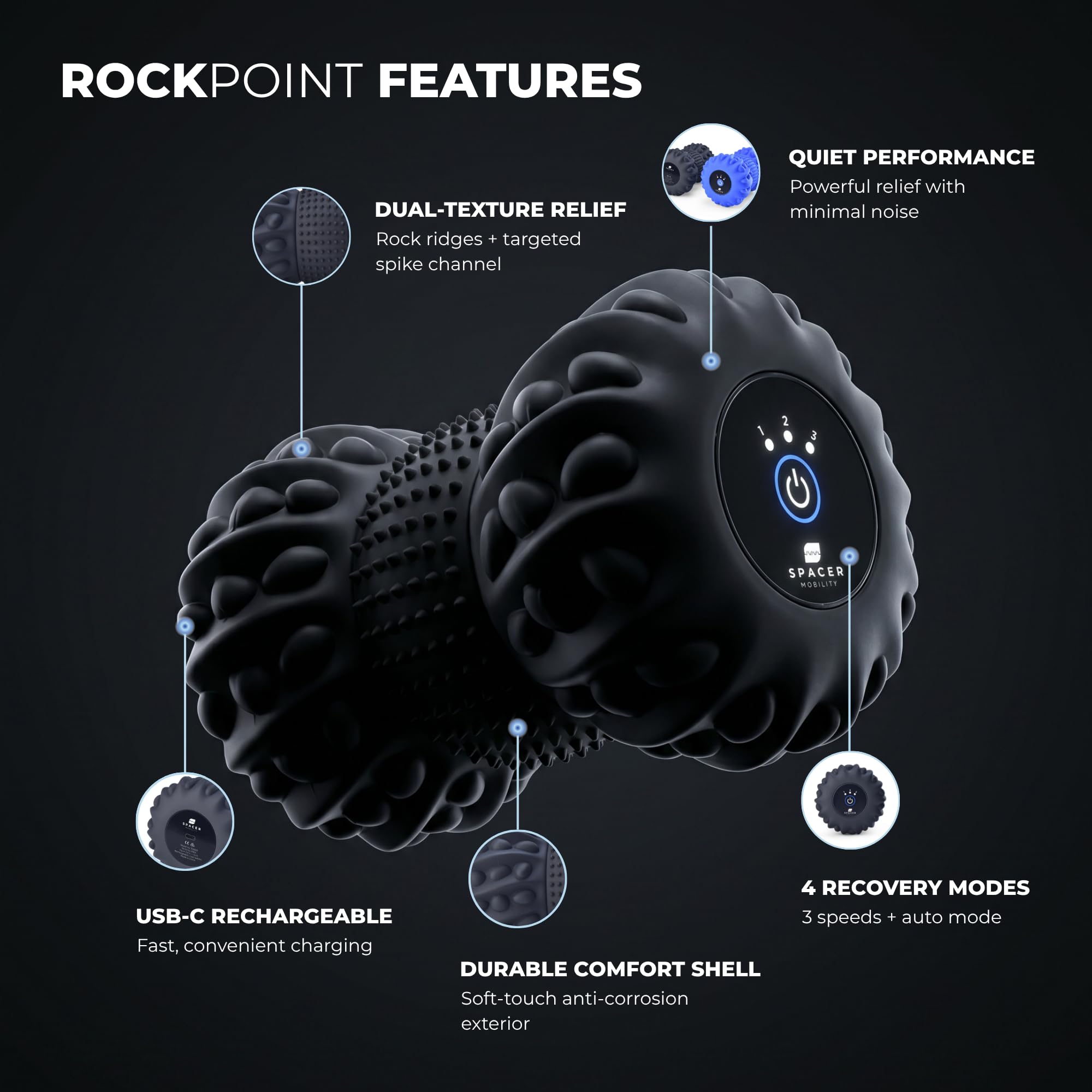 Spacer Mobility Rockpoint Vibrierendes Tiefengewebe-Massagegerät mit 4 Modi, Dual-Textur-Oberfläche für Füße, Plantarfasziitis und Ganzkörpermassage, kabellos, wiederaufladbar, elektrisch, Blau
