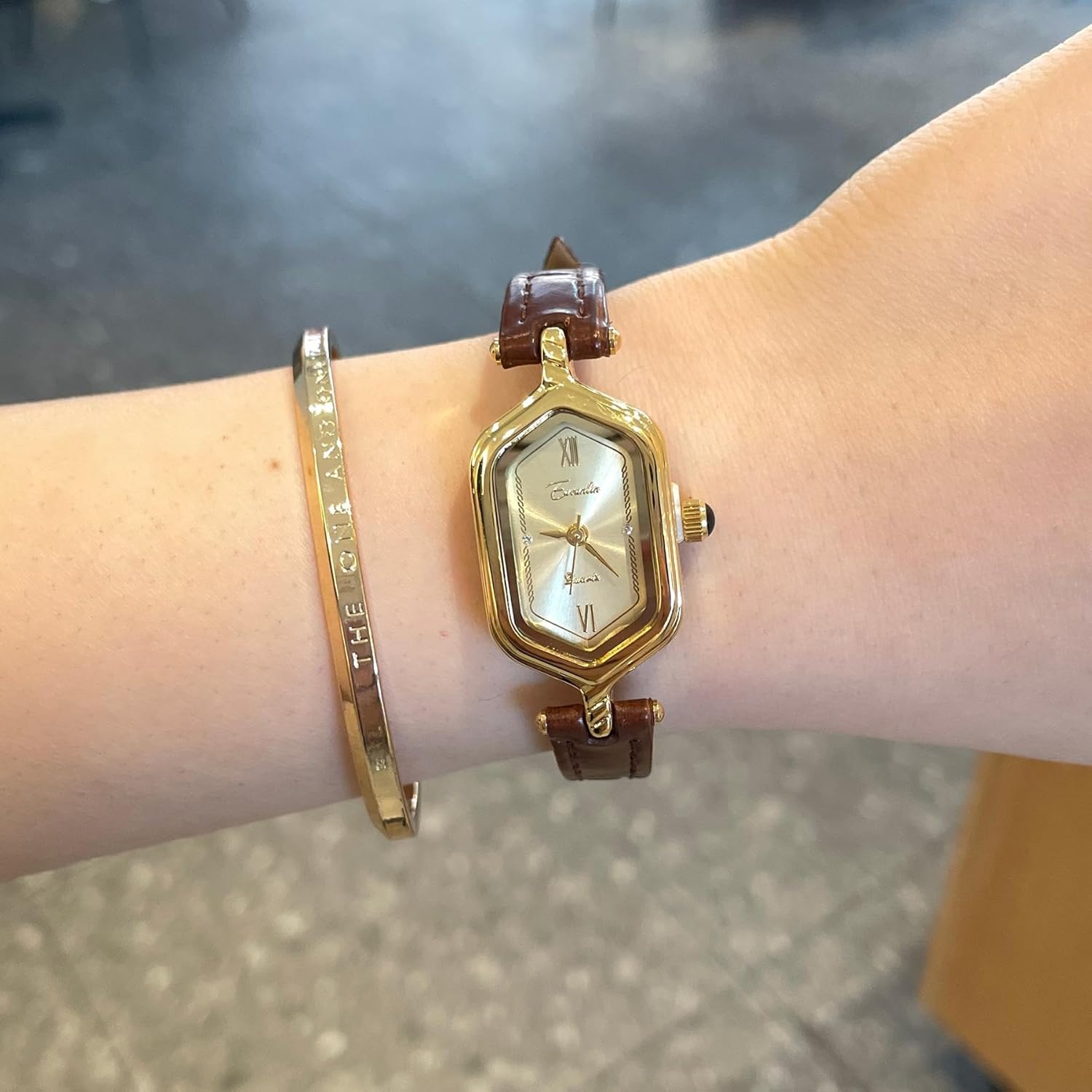 CARLIEN Gold Vintage Rhinestone Hexagon Analog Quartz Watches for Women Brown Black Leather Band Ladies Elegant Dainty Bracelet Wristwatch - Image 6