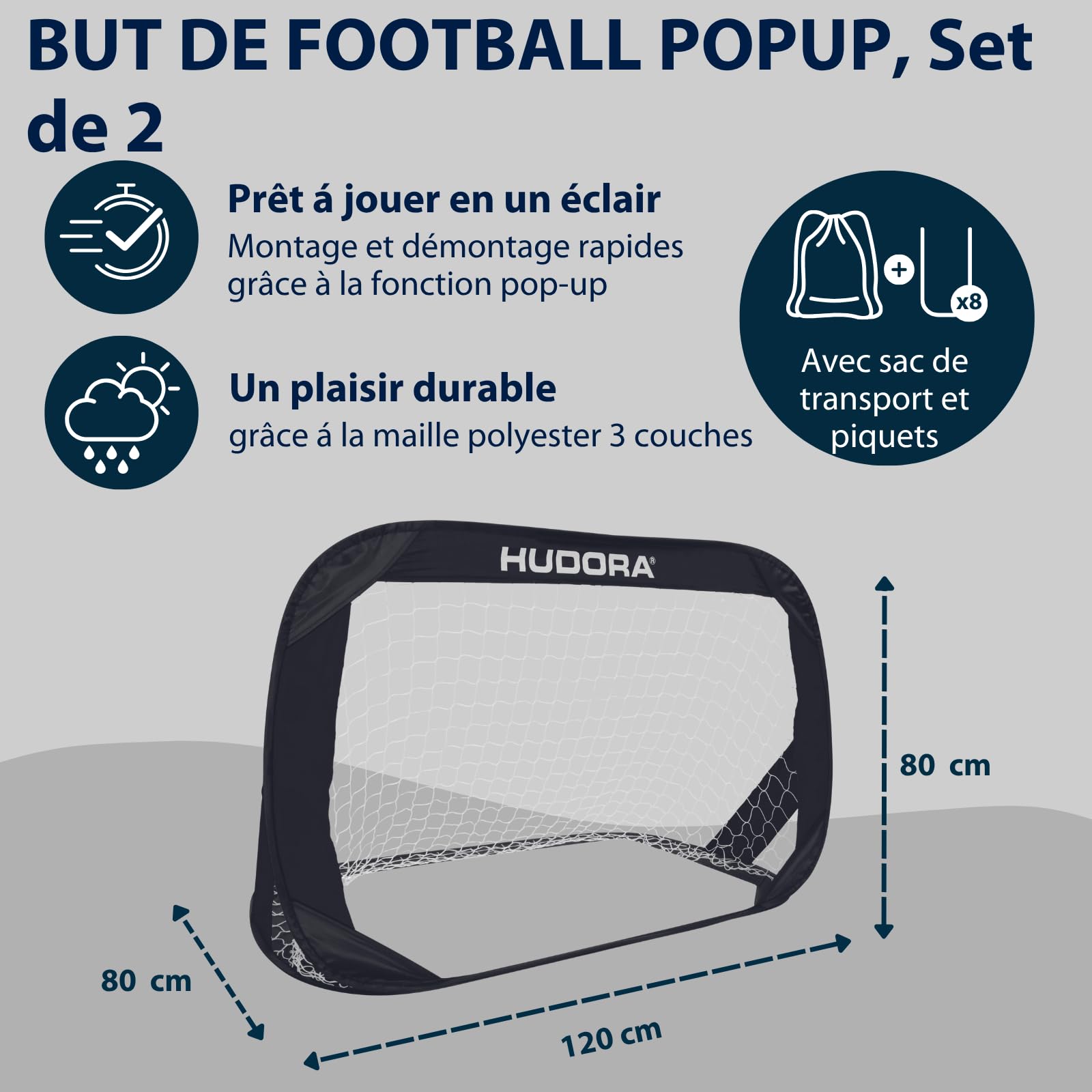 HUDORA Pop Up But de Foot Set de 2 I Buts de Foot Pliables pour Enfants & Adultes I But de Foot Jardin Set avec Sac de Transport & Piquets I Buts de Foot pour Jardin/Parc & Plage | Noir