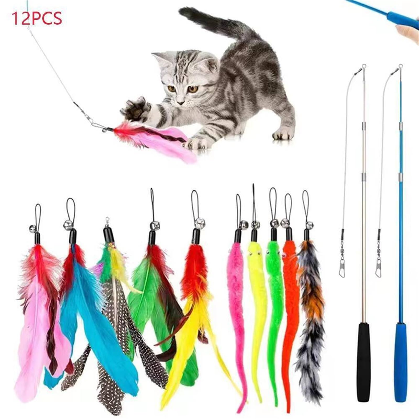 Canne a Peche Chat Jouet interactif for Chaton et Chat, 12 pièces, Jouets for Animaux de Compagnie pour l'Ennui