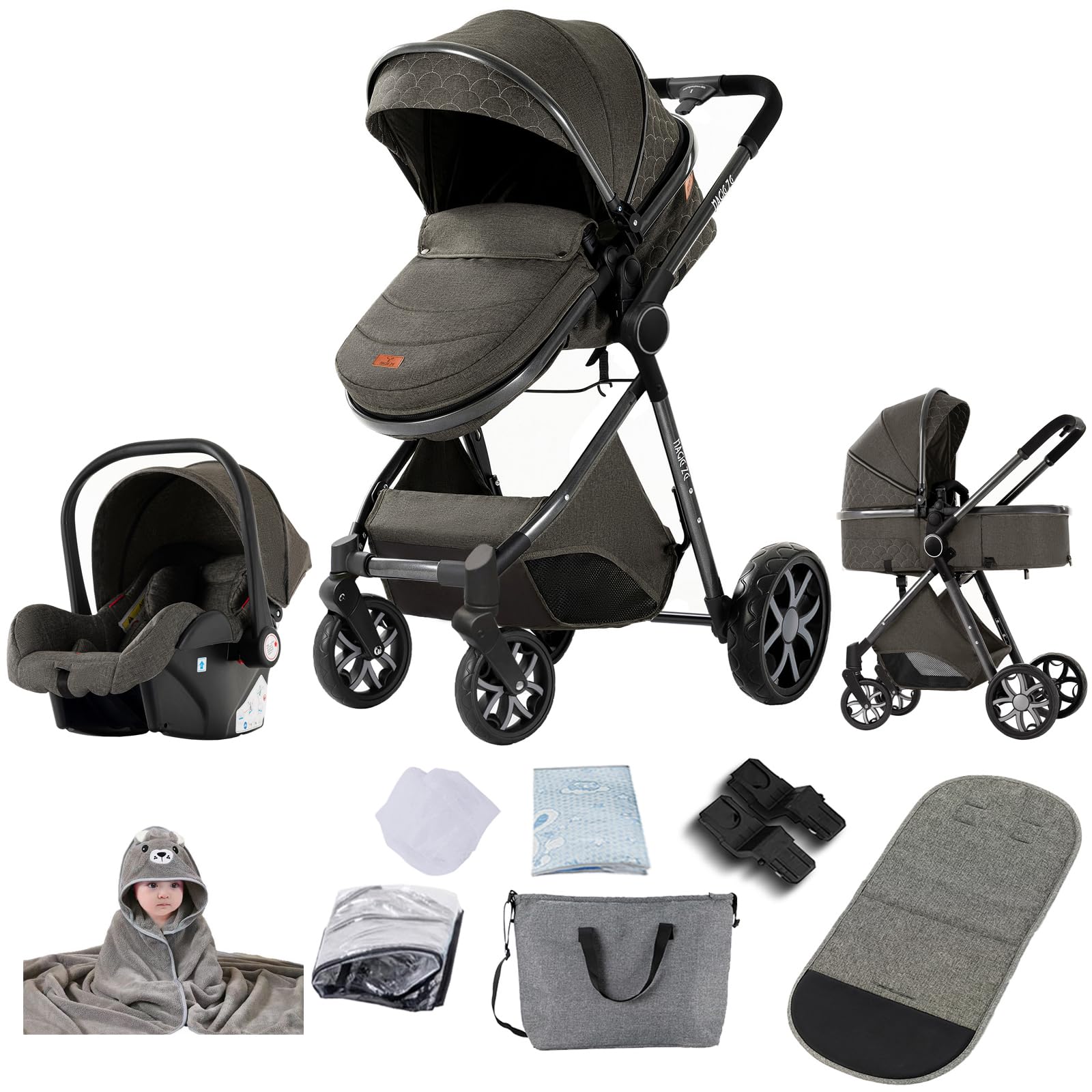 Kinderwagen 3 in 1, Buggy mit Ein-Klick-Faltdesign Hohe Landschaft, Kinderwagen mit Zwei Umkehrbaren Schiebemodi, Kinderwagens 3 in 1 Komplettset mit Rahmen Aluminiumlegierung (V9 Dark Grey)