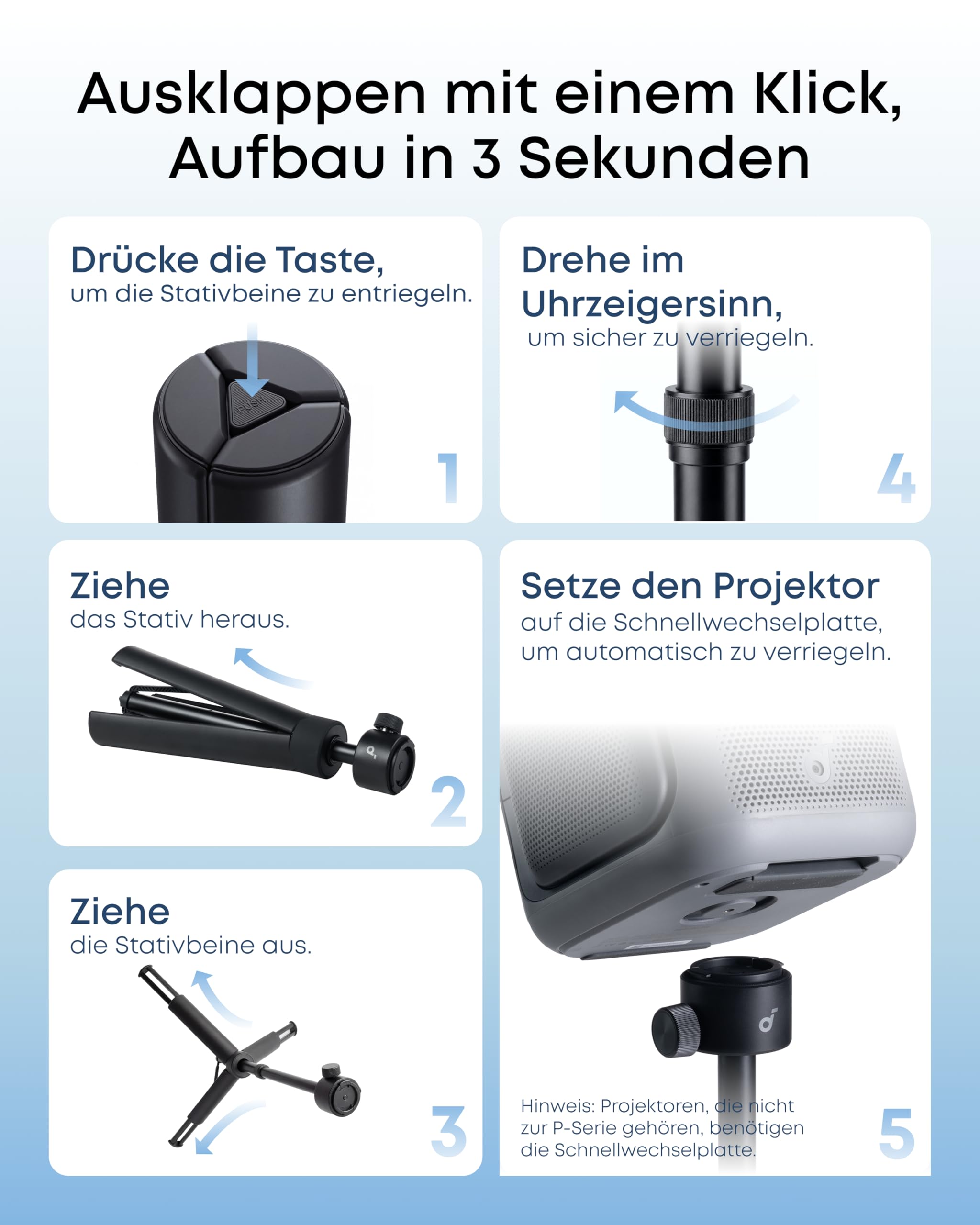 Nebula Quick-Mount Projektorständer, 1-Sekunden-Aufbau für Nebula P-Series Projektoren, universell kompatibel, stabil bis 3,3kg, faltbar auf 34cm