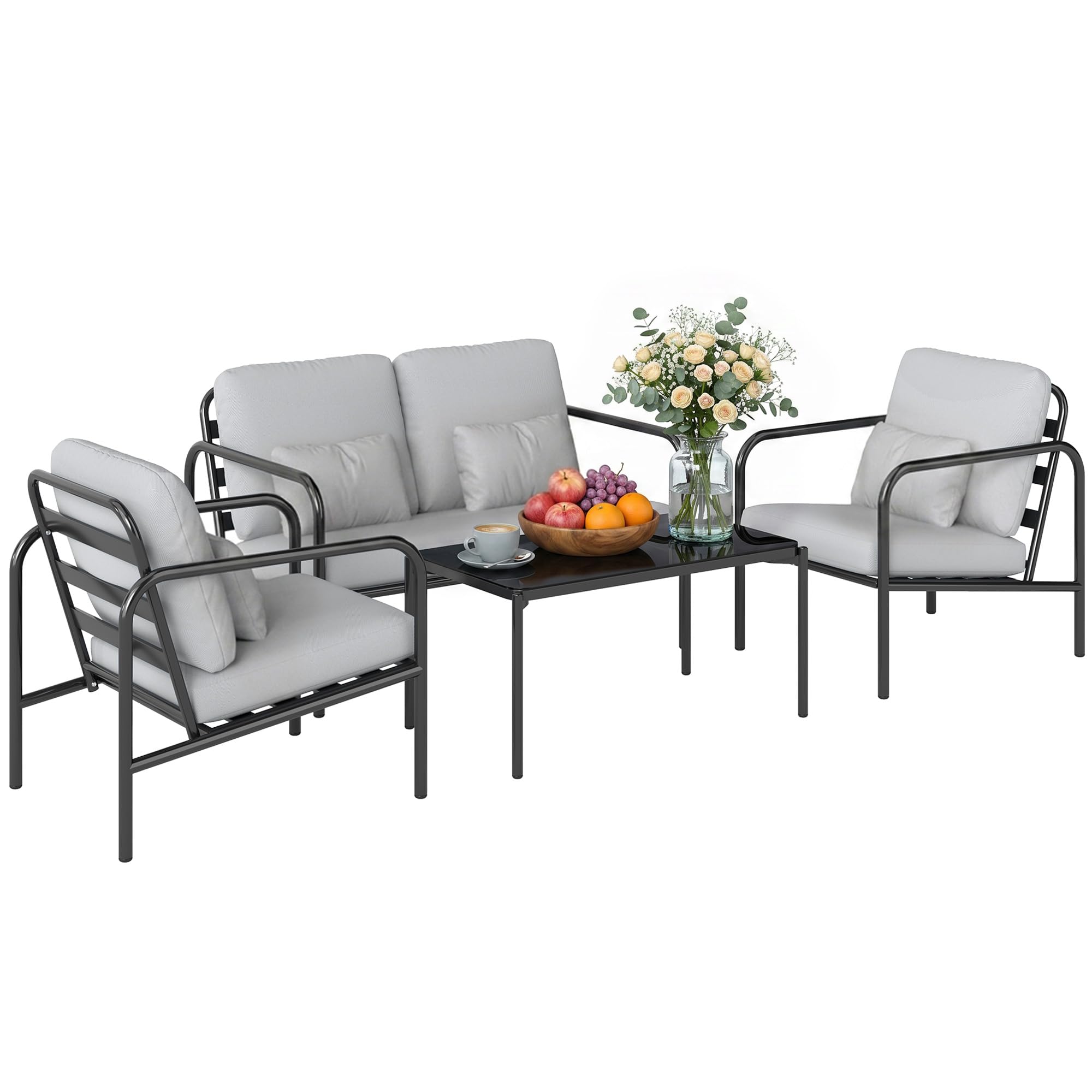 Outsunny Set Salotto da Giardino 4 Pezzi, Acciaio, Divano 2 Posti, Poltrone, Tavolino Vetro, Cuscini, Grigio Chiaro