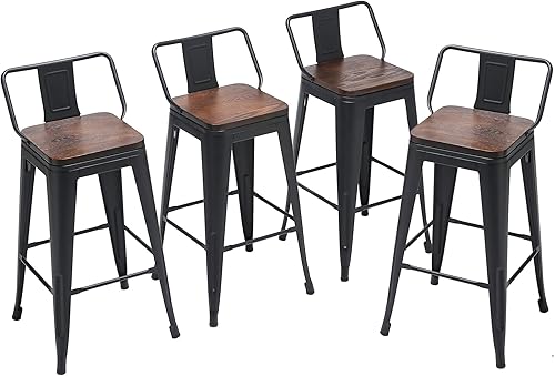 Yongqiang Taburetes de bar de metal con respaldo, juego de 4 taburetes de altura de encimera de cocina con asiento de madera de 24 pulgadas, negro
