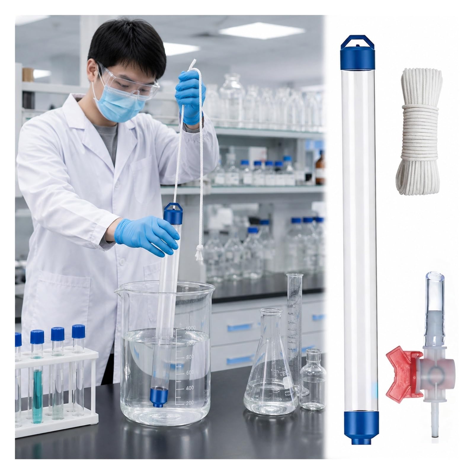 MZZKFC 0.25 0.5 1L Liquid Sampler Pole，PVC Liquid Dipper with 1 Throttling Valve & 32.8ft Nylon Rope，Reusable Water Sample Collection Tube for Lab Experiment(250 ML)