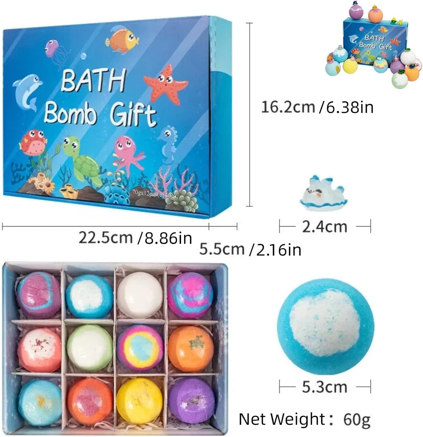 Bath Bombs with Surprise Inside, 6/12 Pack Fizzy Bubble Bath Bombs Gift Set, Dinosaur Egg & Ocean Theme Bath Fizzies, Natural Sea Salt Color Changing Spa Bath Balls (Color Ocean)