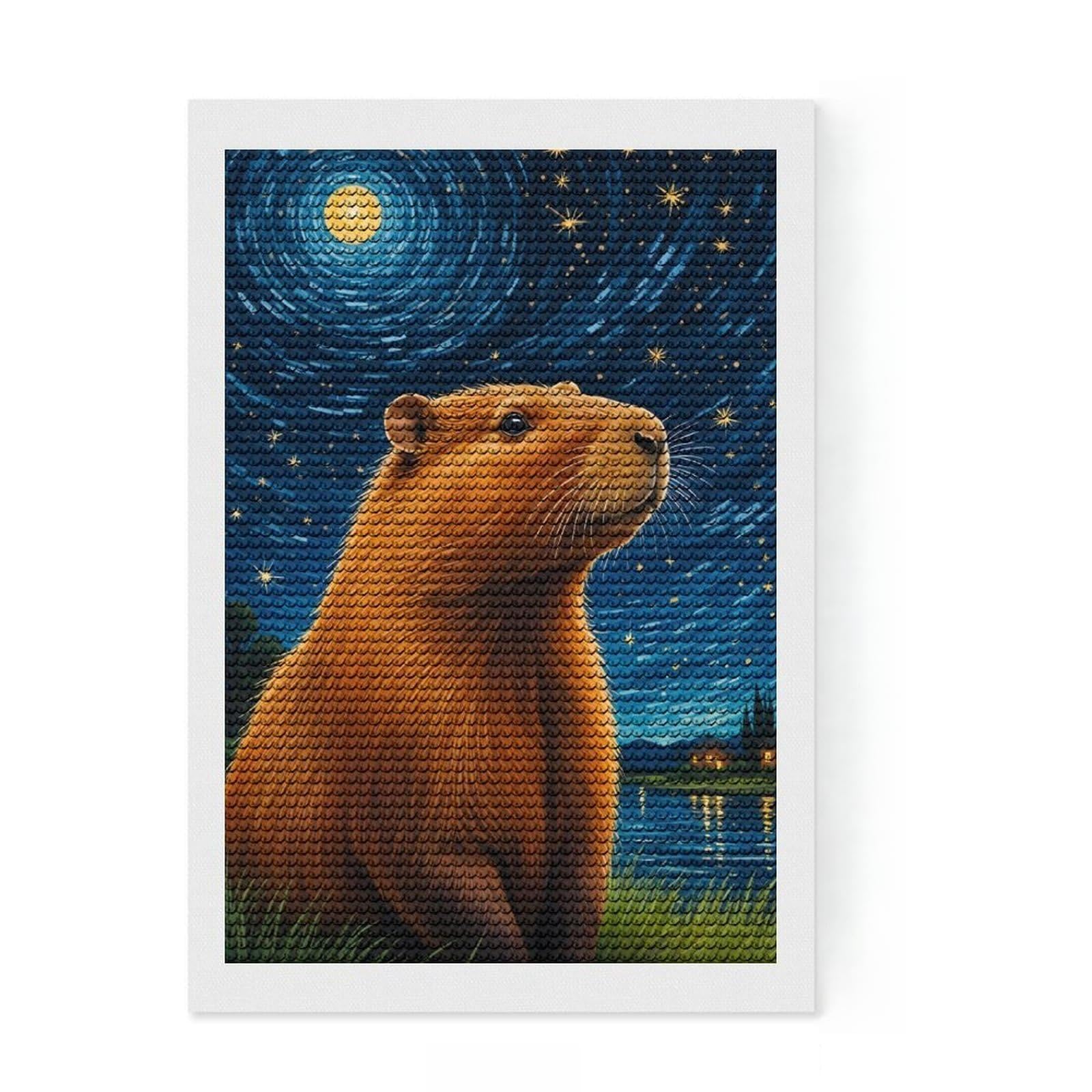Junmoney Capybara Starry Night Diamond Painting Kit 8"x12", Holiday Gift Idea, for Beginners, Adhesive Canvas, Bedroom Decor, Stress Relief Craft