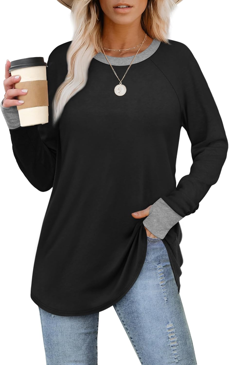 XIEERDUO Womens Tunic Tops to Wear with Leggings Long Sleeve Thumb Hole Shirts Crew Neck Curved Hem - Image 2