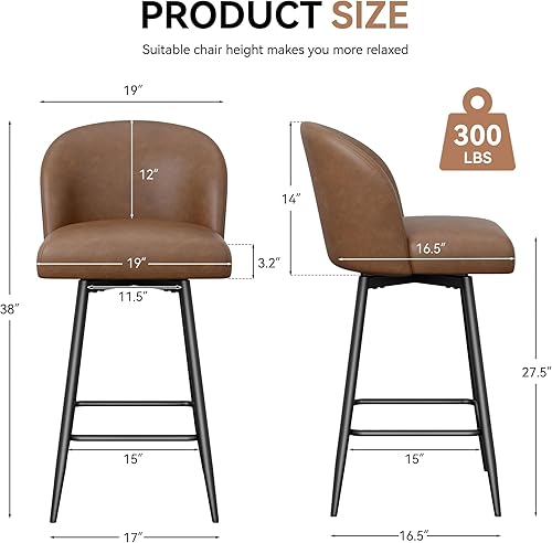 Miniatura 2 de Juego de 2 taburetes de bar giratorios de 360 con respaldo alto y patas de metal, altura de asiento de 26 pulgadas, sillas de bar tapizadas de piel