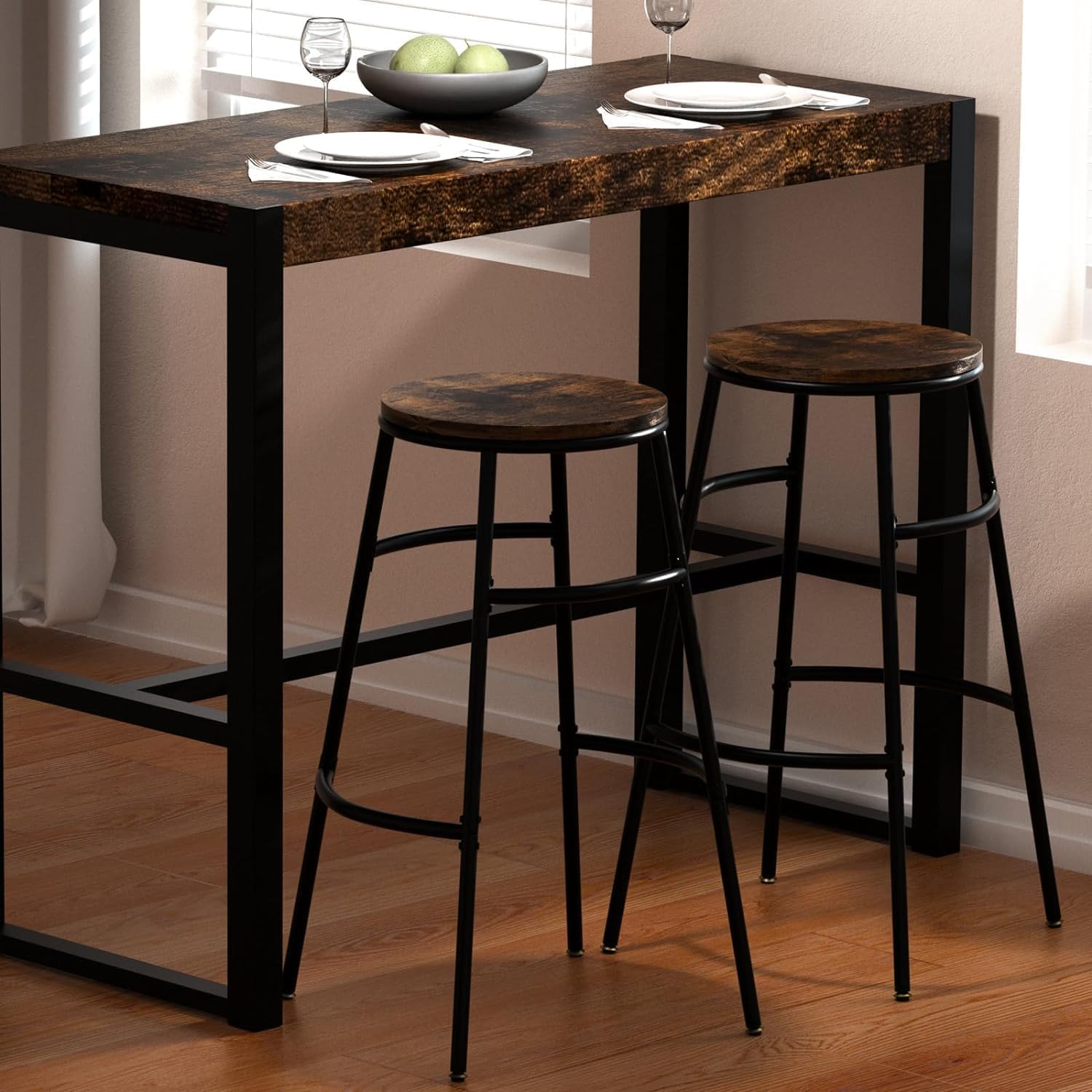 61852 Bar Stools, Set of 2 Breakfast Stools, Kitchen Counter Height Stools, 27.6" Round Industrial Bar Chairs, for Dining Room, Kitchen, Counter Bar, Rustic Brown-picture-14