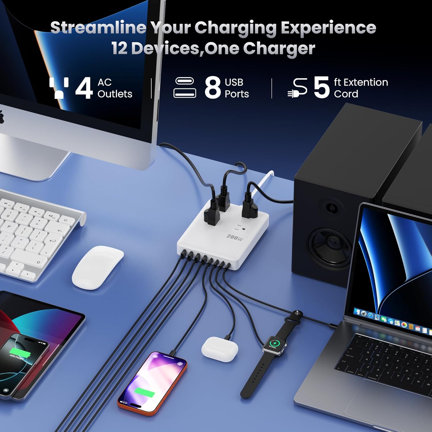 200W USB C Charging Station Power Strip with Cord and Plug,USB C Charger Block,4 AC Outlets,8 USB Ports for MacBook,iPhone 17/16/15,Fast Charging Desktop Charger for Office,Home (White)