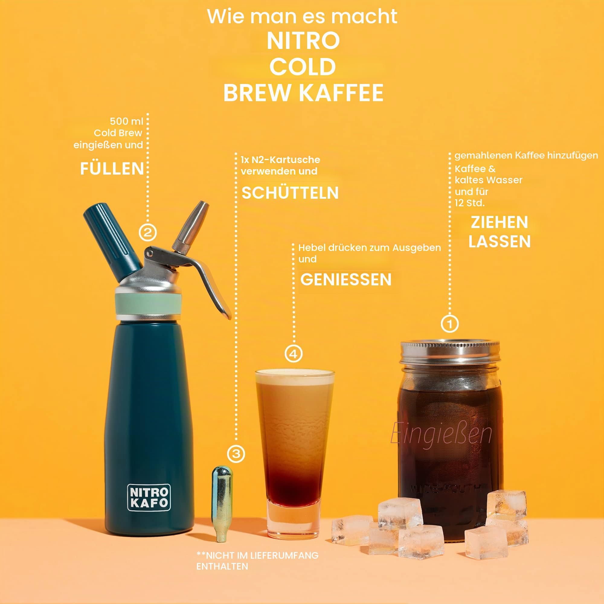 0,5L Cold Brew Coffee Maker Mason Jar Kaffeemaschine und Nitro Kaffeemaschine für Nitro Coffee – Edelstahlfilter, langlebiges Glas, recycelbare Aluminiumflasche mit Edelstahlteilen