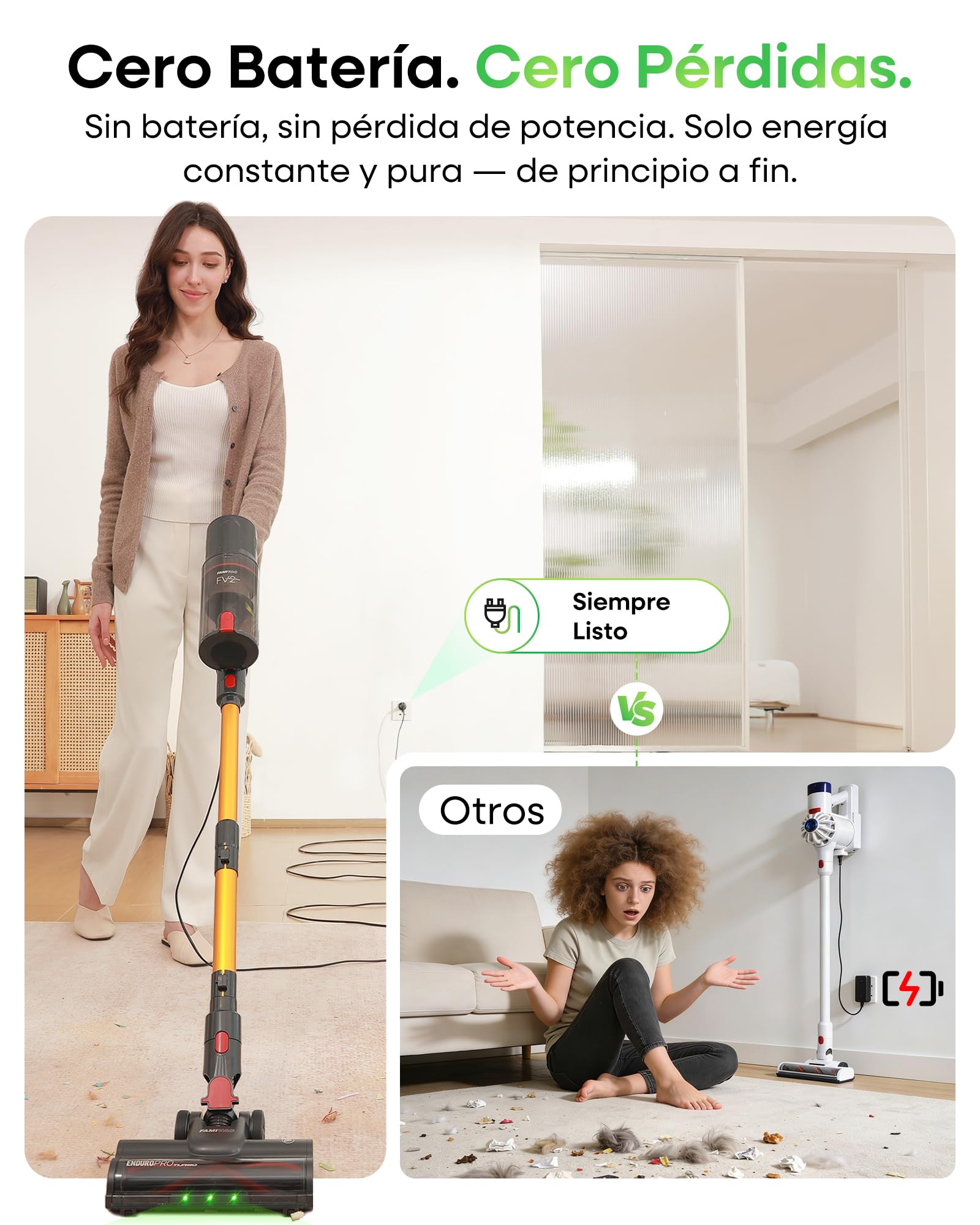 FAMIVAC FV2 Aspiradora con Cable, 65Kpa/600W Aspirador Potente con Cepillo para Colchón, 1,3KG Ligera, Cable 7M, 1,5L, Cepillo Antienredos & Autoportante para Alfombras, Suelos, Pelos de Mascotas