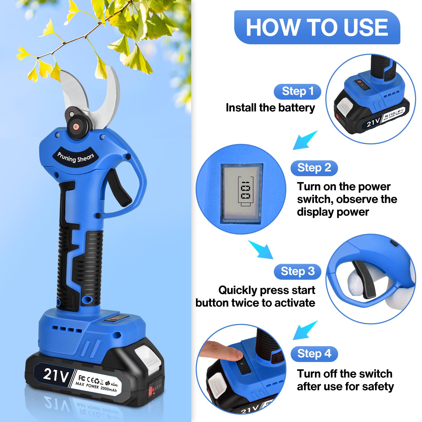 Forbici Potatura Elettriche, 30mm Forbici Potatura a Batteria Con 2 21V/2000 mAh Batteria,Forbici a batteria da Professional per Frutteto,Giardino Fattoria, Pruning Tools