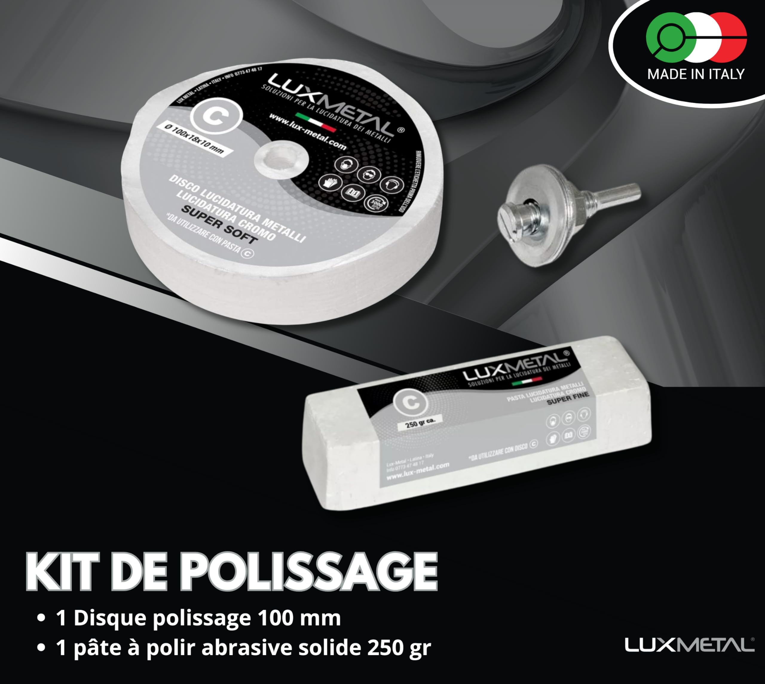 Lux Metal Kit de 1 pâte abrasive polie 250 g et 1 disque de polissage en coton 100 mm (S-Fine) pour polir les métaux en acier inoxydable aluminium fer poli chrome plexiglas marbre laiton cuivre