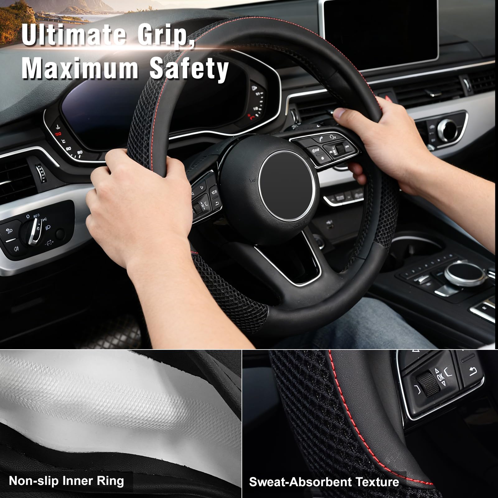 KAFEEK Steering Wheel Cover, Cooling Ice Silk Leather, 15 Inch, Black — Amazon image 5