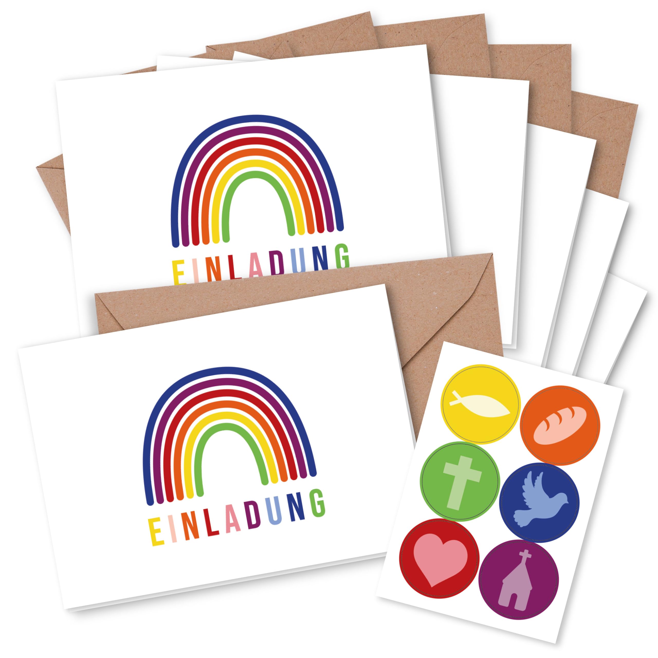 Papierdrachen 6 Einladungskarten für christliche Feste wie Taufe, Kommunion, Konfirmation, Firmung - Motiv Regenbogen - Klappkarten mit Umschlag und passenden Stickern- DIN A6 - Set 4