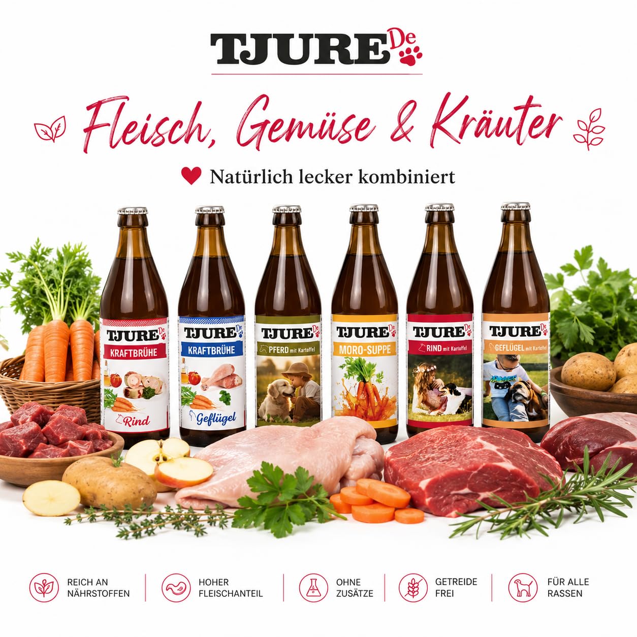 TJURE Hunde Smoothie All in One Paket | Huhn | Rind | Lamm | Moro | Geflügel | Pferd | 6 x 320ml | Als Topping & Snack für Hunde | Zutaten in Lebensmittelqualität | Getreidefrei | Made in Germany
