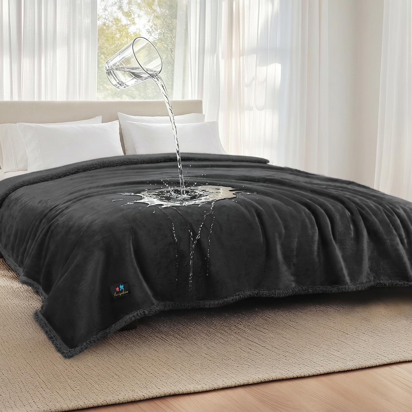 Luciphia Waterproof Pet Blankets, Liquid Pee Proof Dog Blanket for Sofa Bed Couch, Reversible Sherpa Fleece Furniture Protector Cover for Small Medium Large Dogs Cats, Black King Size（100" x 85"）