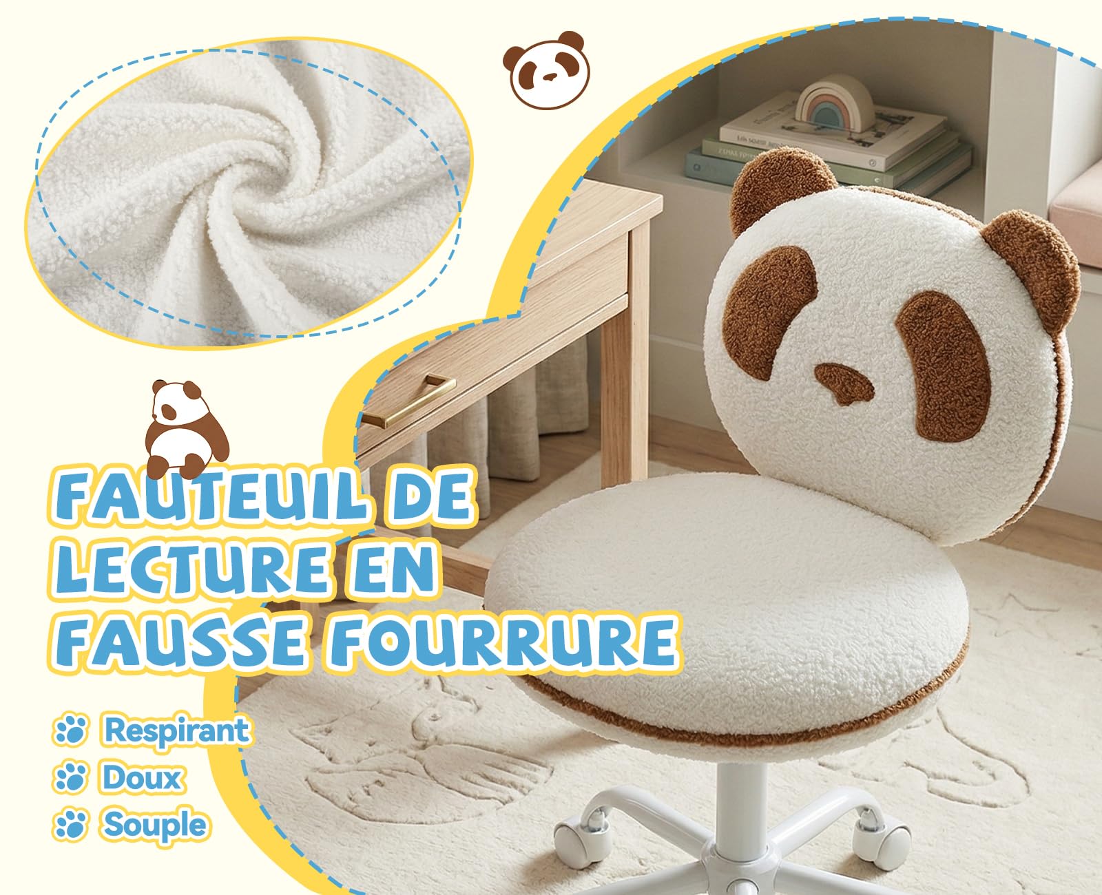 Chaise de Bureau Enfant Pivotante Chaise pour Enfants Réglable avec Motif Panda Fauteuil Ergonomique pour Étudier et Lire, Marron