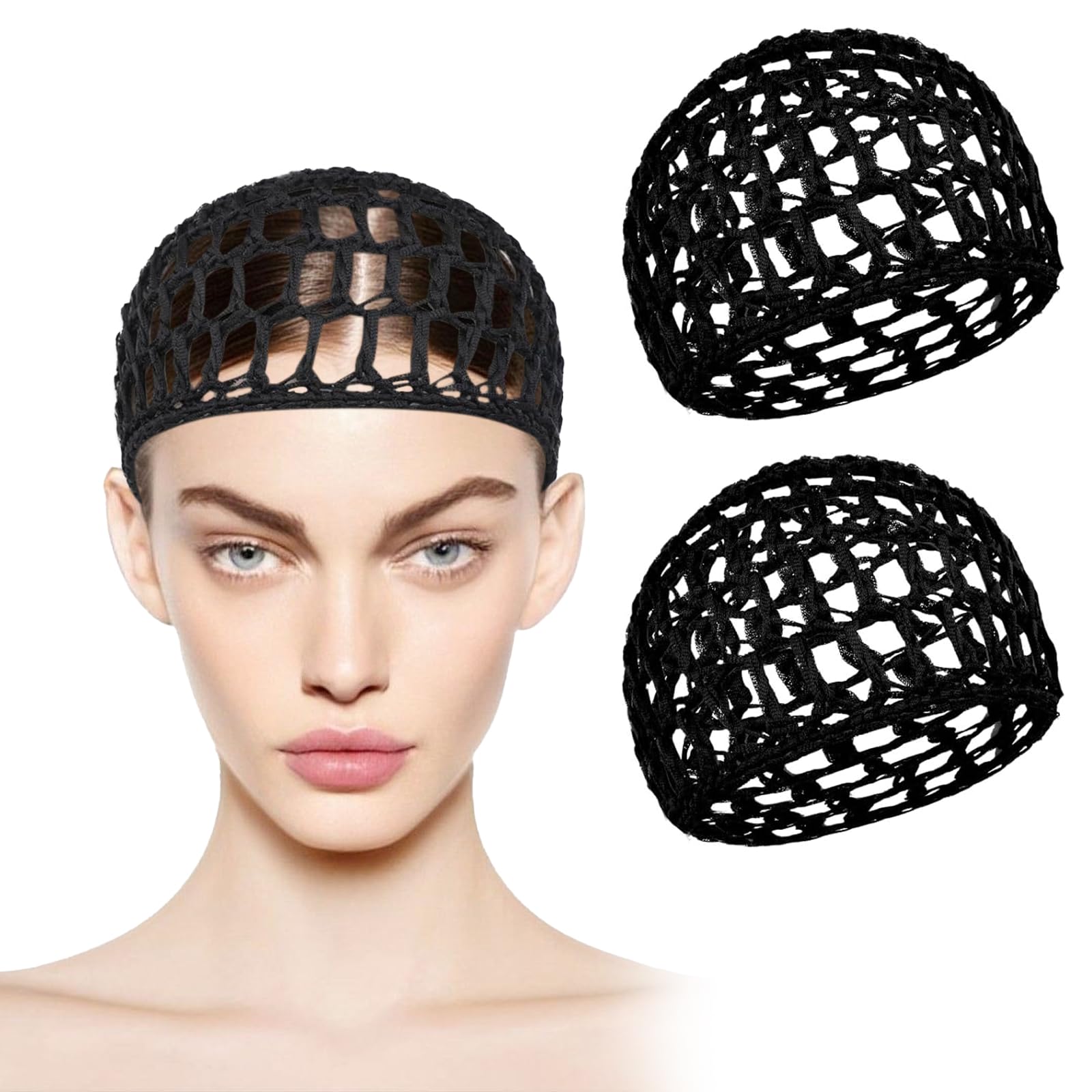 2Pcs Black Crochet Mesh Wig Caps, Reusable Soft Sleeping Hair Nets with Lift Strap for Curly Hair Silk Press Wig Protection Ballet (2, black)