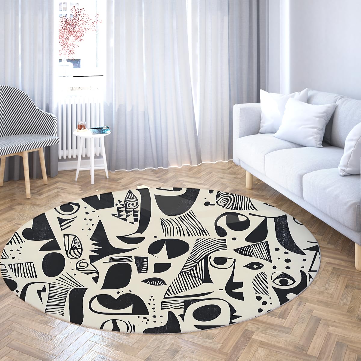Okrągłe dywaniki do salonu 180 cm (okrągłe) dywaniki w stylu vintage zmywalne czarno-białe plemienne geometryczne abstrakcyjne dywany do sypialni i biura