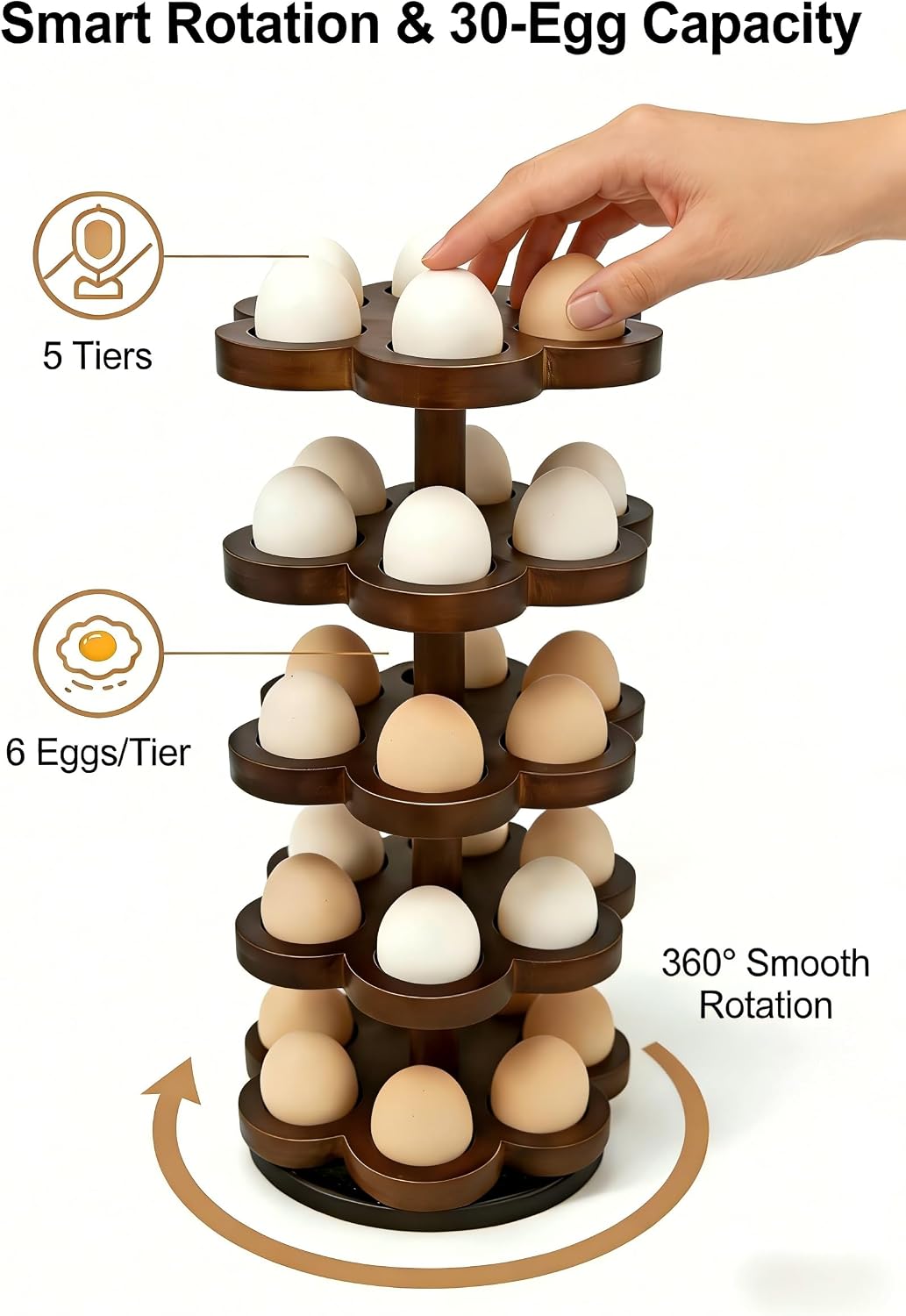 Wooden Egg Holder Countertop 360° Rotating, Egg Rack for 30 Eggs